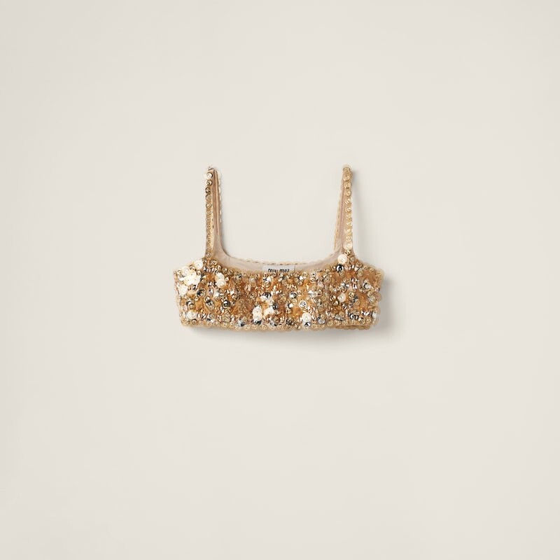 Топ из шелка и шерсти с вышивкой Miu Miu, бежевый 
Топ из шелка и шерсти с вышивкой Miu Miu, бежевый