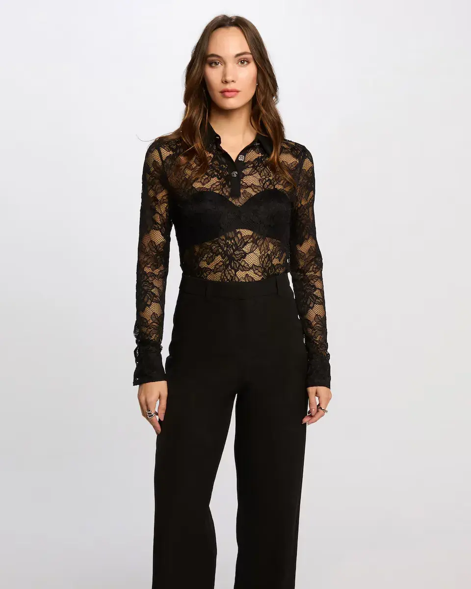 Женская кружевная футболка-поло с воротником-стойкой Morgan, черный
Женская кружевная футболка-поло с воротником-стойкой Morgan, черный