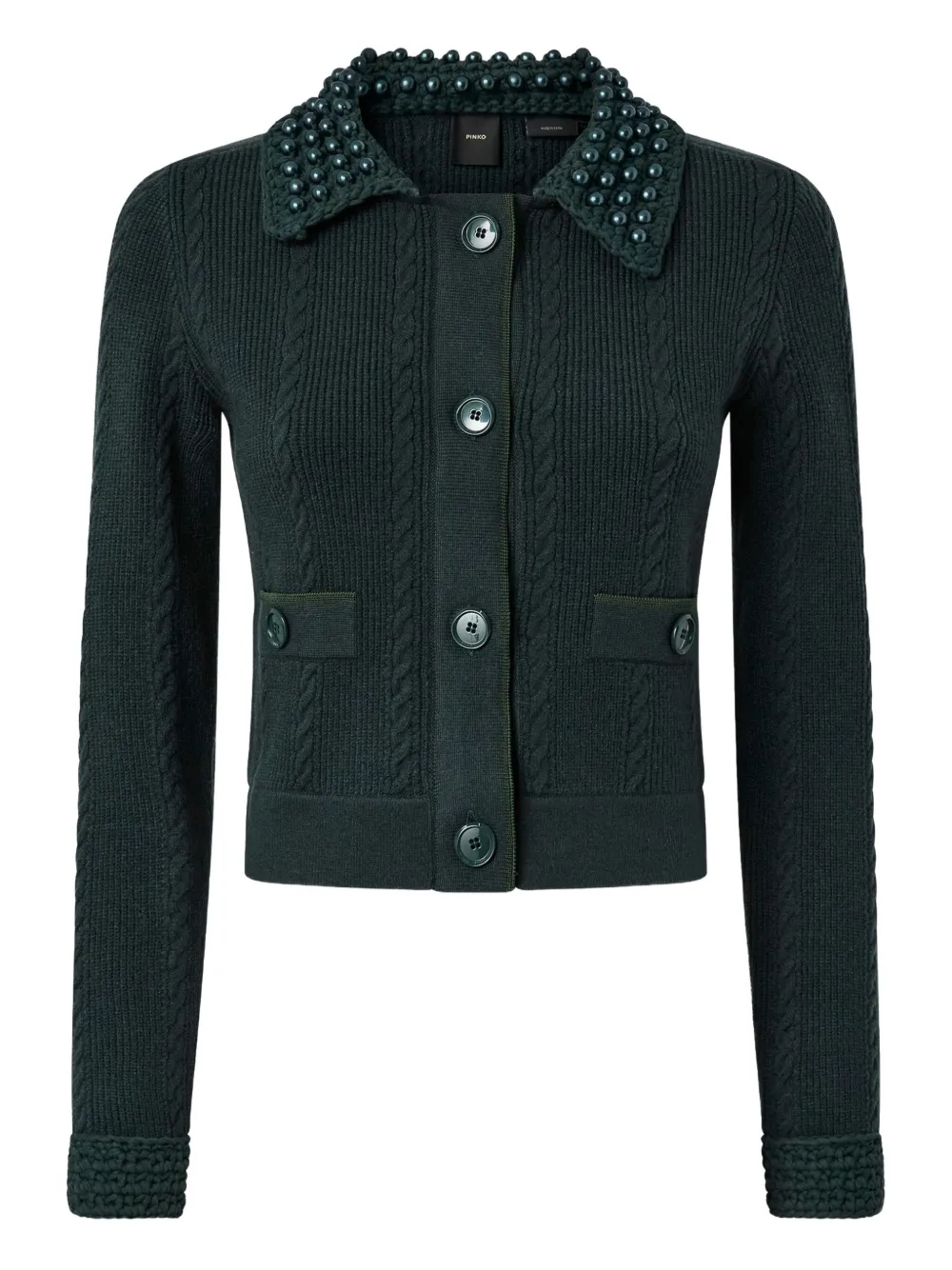 Кардиган косой вязки с жемчужным декором PINKO, зеленый
Кардиган косой вязки с жемчужным декором PINKO, зеленый