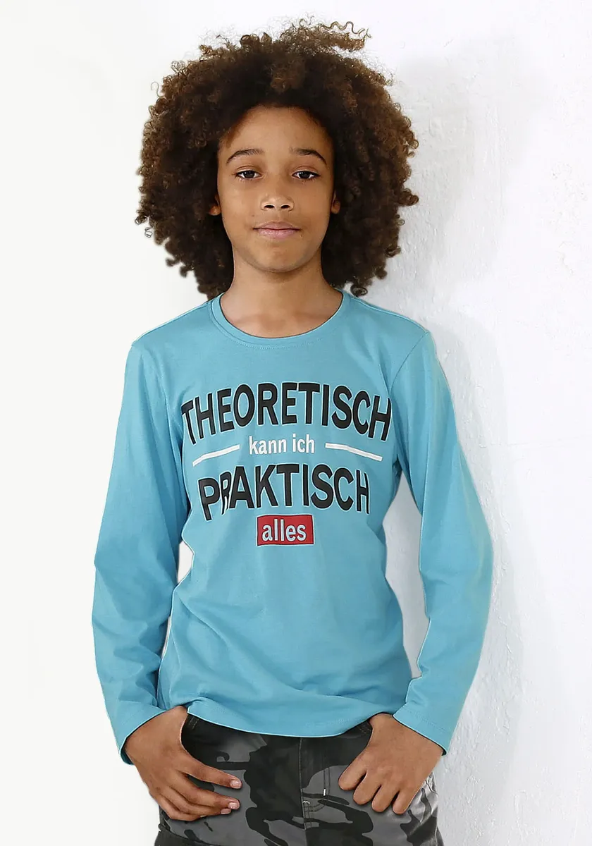 KIDSWORLD рубашка с длинными рукавами "ТЕОРЕТИЧЕСКИ Я МОГУ ПРАКТИЧЕСКИ ВСЕ" с надписью, бирюзовый