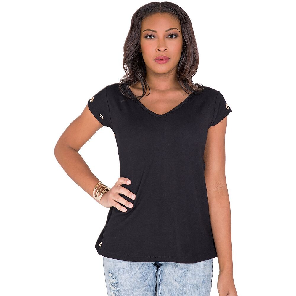 Женская футболка Curvy с V-образным вырезом и золотыми люверсами Poetic Justice, черный
Женская футболка Curvy с V-образным вырезом и золотыми люверсами Poetic Justice, черный