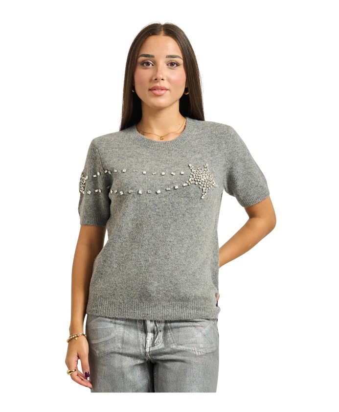 Вязаный свитер с короткими рукавами, украшенный звездами и камнями. Fracomina, серый
Вязаный свитер с короткими рукавами, украшенный звездами и камнями. Fracomina, серый