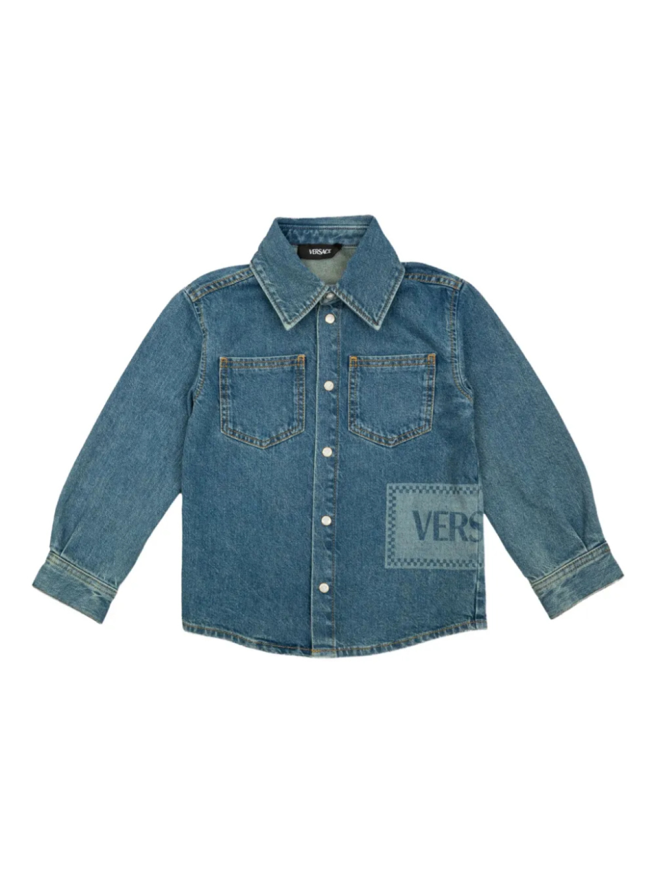 Джинсовая рубашка с нашивкой-логотипом Versace Kids, синий
Джинсовая рубашка с нашивкой-логотипом Versace Kids, синий