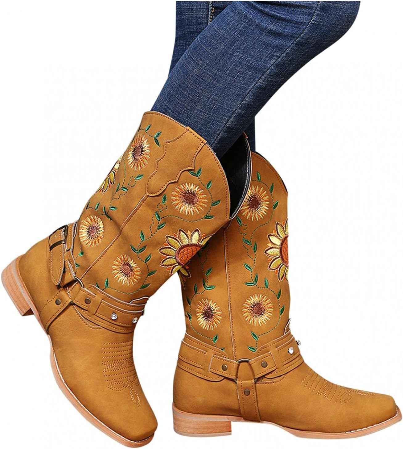 Женские ковбойские ботинки Hbeylia с вышивкой подсолнуха, этнические винтажные замшевые с квадратным носком, металлической пряжкой, массивным каблуком средней высоты, на широкую голень, коричневый
Женские ковбойские ботинки Hbeylia с вышивкой подсолнуха, этнические винтажные замшевые с квадратным носком, металлической пряжкой, массивным каблуком средней высоты, на широкую голень, коричневый