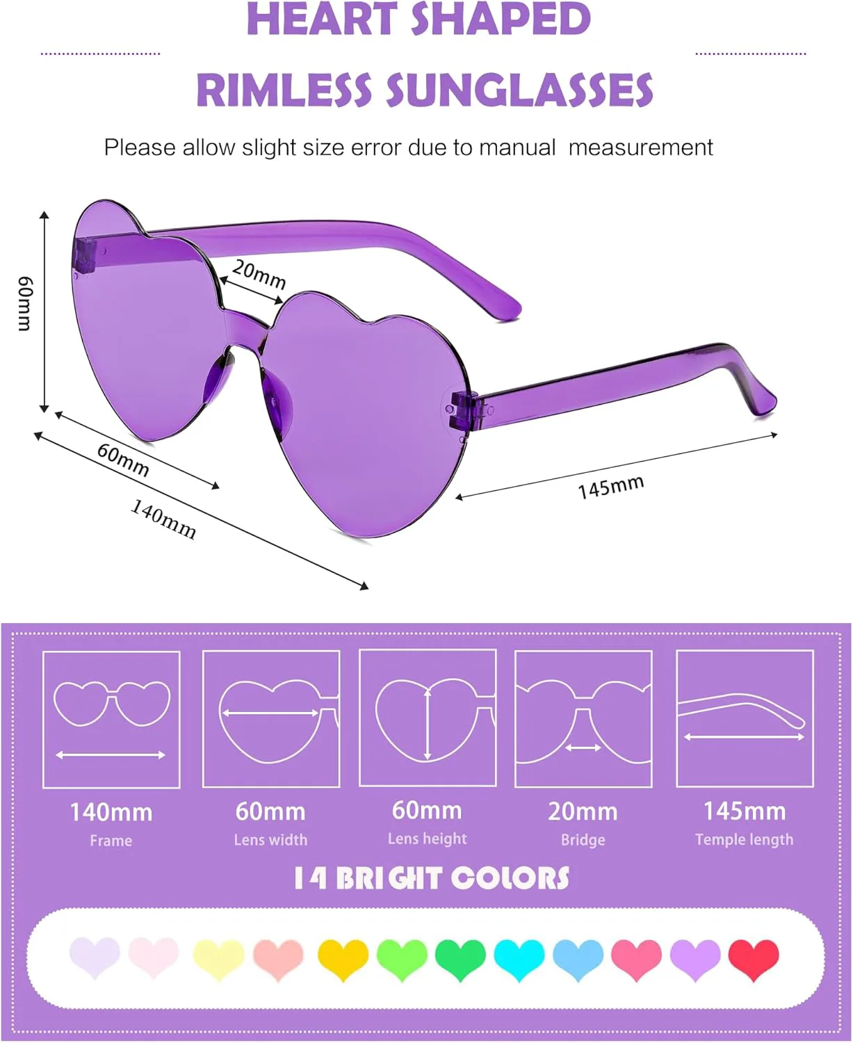 14/16/18 пар солнцезащитных очков в форме сердца, конфетные цвета, без оправы, забавные очки в форме сердца для женщин, сувениры для вечеринок LYMOJOR, 14 Pack Purple
14/16/18 пар солнцезащитных очков в форме сердца, конфетные цвета, без оправы, забавные очки в форме сердца для женщин, сувениры для вечеринок LYMOJOR, 14 Pack Purple