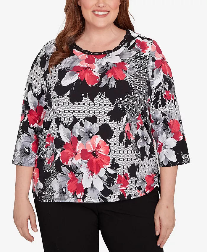 Топ размера плюс с круглым вырезом и ромбовидным цветочным принтом в стиле пэчворк Alfred Dunner, мультиколор 
Топ размера плюс с круглым вырезом и ромбовидным цветочным принтом в стиле пэчворк Alfred Dunner, мультиколор
