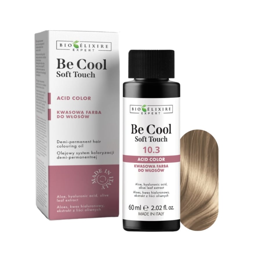 BIOELIXIRE Кислотная краска для волос Be Cool SOFT TOUCH - 10.3 Платиновый золотистый блонд - 60 мл
BIOELIXIRE Кислотная краска для волос Be Cool SOFT TOUCH - 10.3 Платиновый золотистый блонд - 60 мл