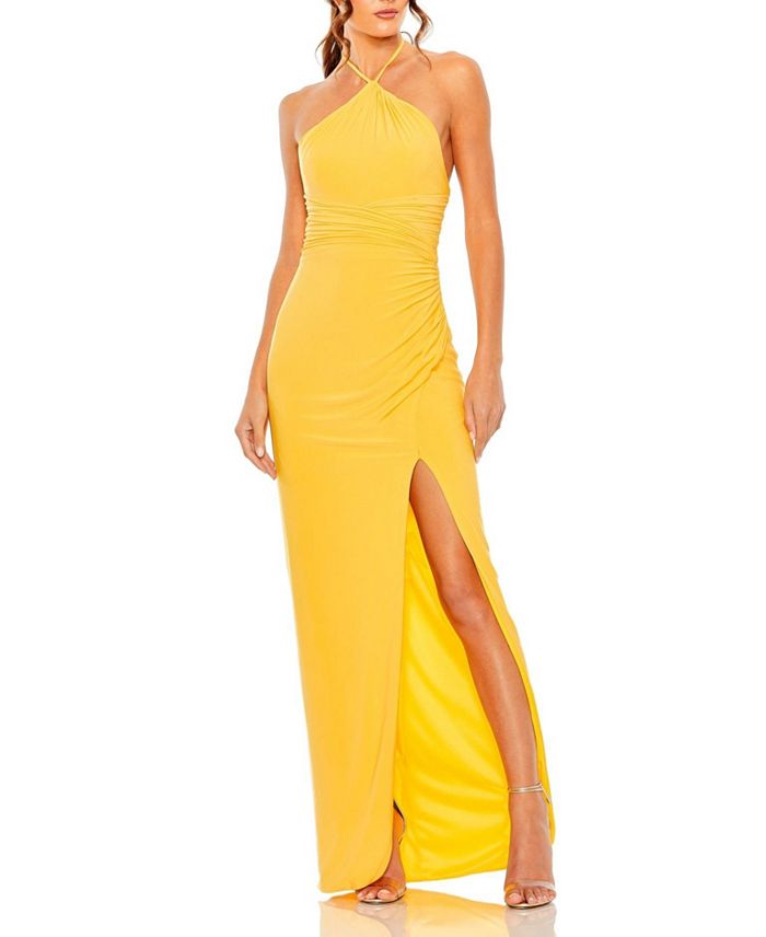 Платье с запахом и разрезом спереди на бретелях Mac Duggal, желтый 
Платье с запахом и разрезом спереди на бретелях Mac Duggal, желтый