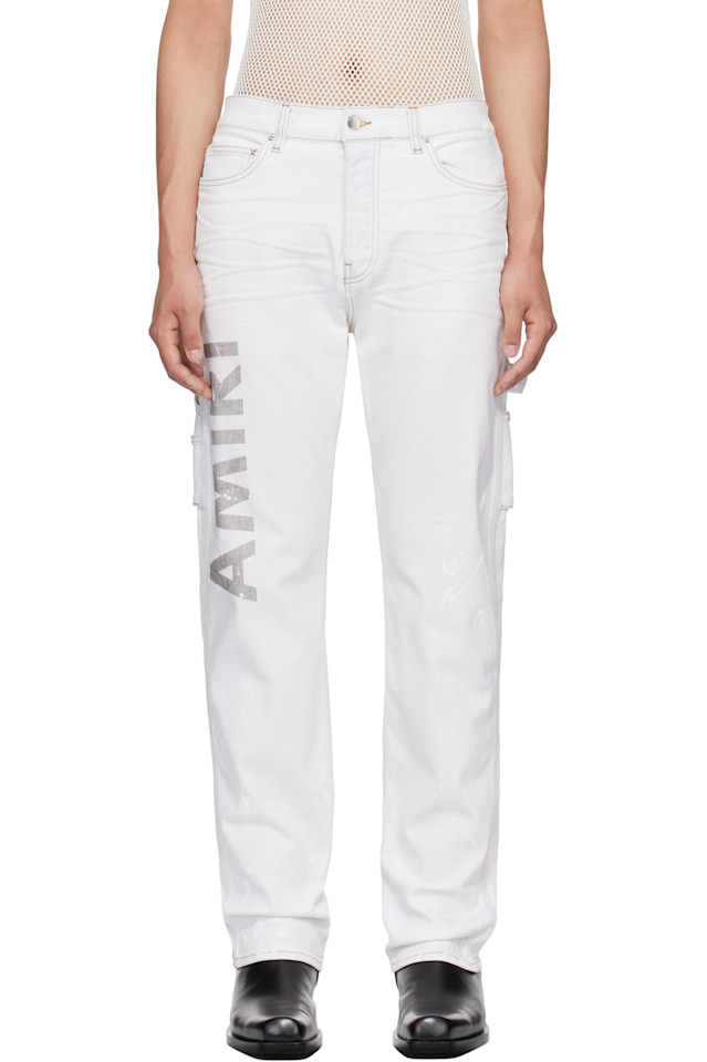 Джинсы рабочие узкие с нанесением армейского логотипа Amiri, белый
Джинсы рабочие узкие с нанесением армейского логотипа Amiri, белый