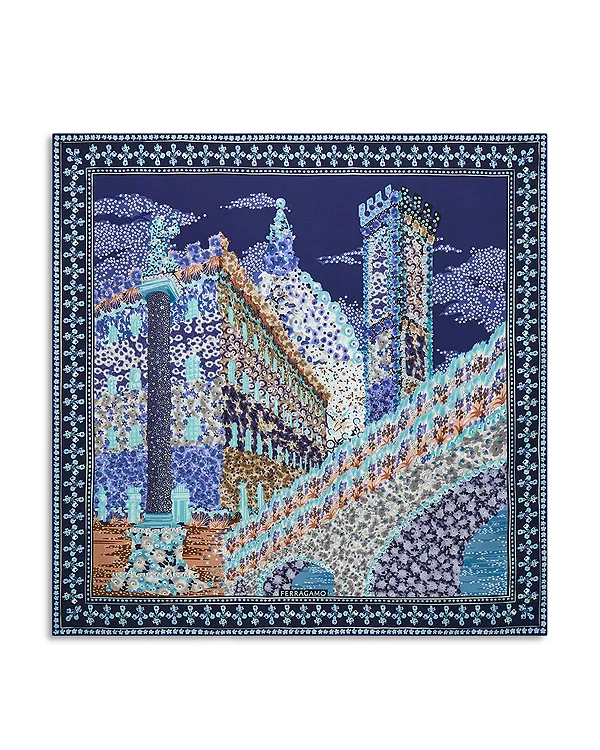 Квадратный шелковый шарф с принтом «Палаццо» Ferragamo, синий
Квадратный шелковый шарф с принтом «Палаццо» Ferragamo, синий