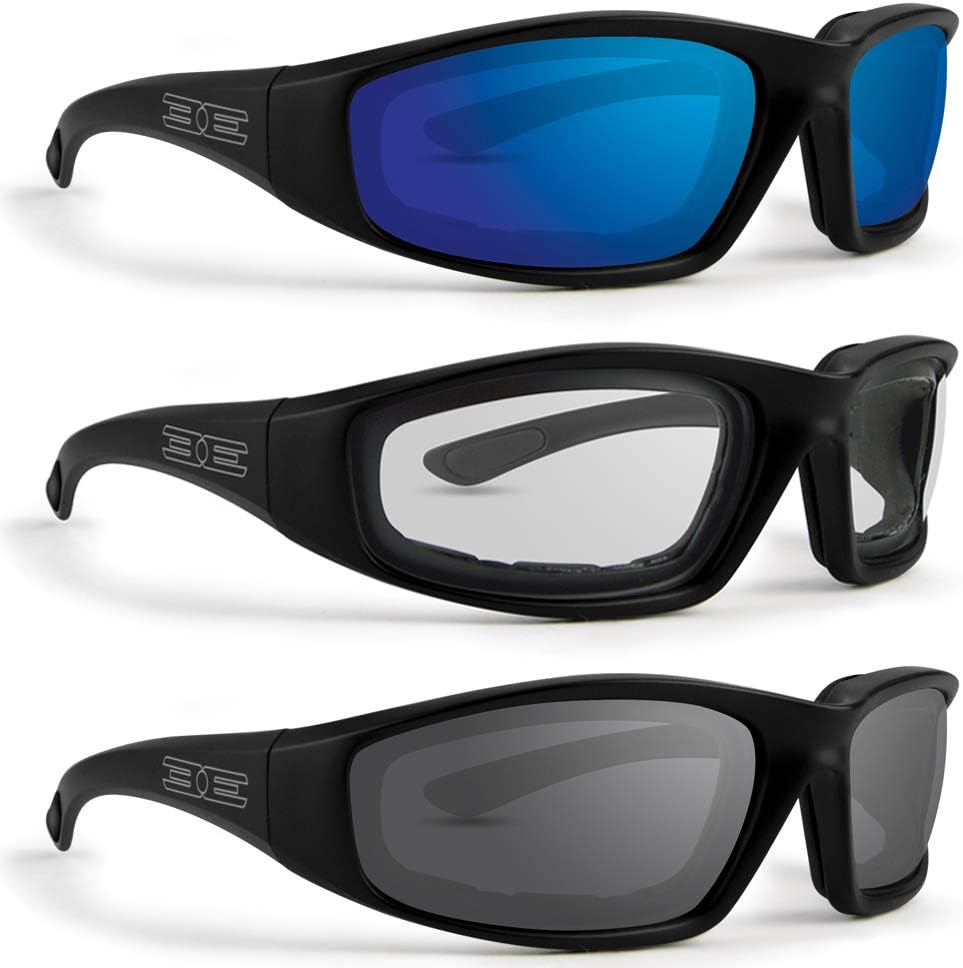 Солнцезащитные очки Epoch Eyewear для мотоциклистов с мягкой подкладкой из пеноматериала, 3 пары, черная оправа, линзы с прозрачными дымчатыми и синими зеркальными вставками, Clear Smoke Blue
Солнцезащитные очки Epoch Eyewear для мотоциклистов с мягкой подкладкой из пеноматериала, 3 пары, черная оправа, линзы с прозрачными дымчатыми и синими зеркальными вставками, Clear Smoke Blue