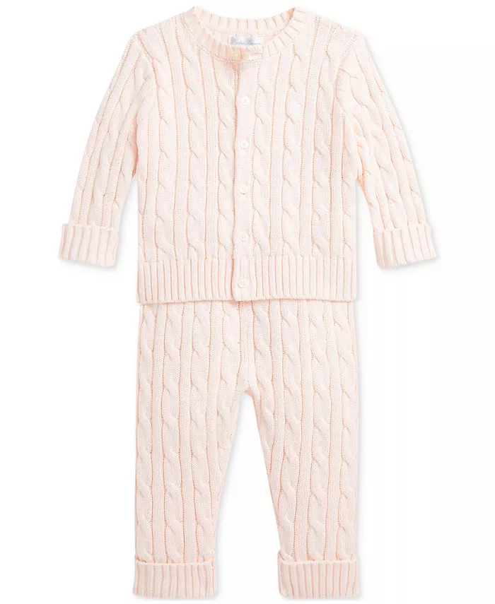 Детский кардиган и брюки из хлопка с рельефной вязкой для мальчиков Polo Ralph Lauren, розовый 
Детский кардиган и брюки из хлопка с рельефной вязкой для мальчиков Polo Ralph Lauren, розовый