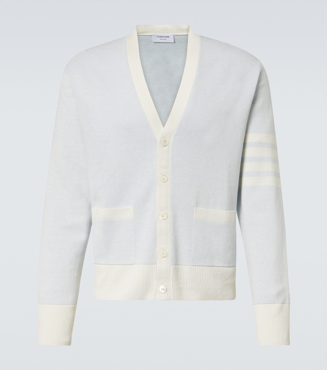 Кардиган из льна и хлопка с 4-полосным узором Thom Browne, светло-синий
Кардиган из льна и хлопка с 4-полосным узором Thom Browne, светло-синий