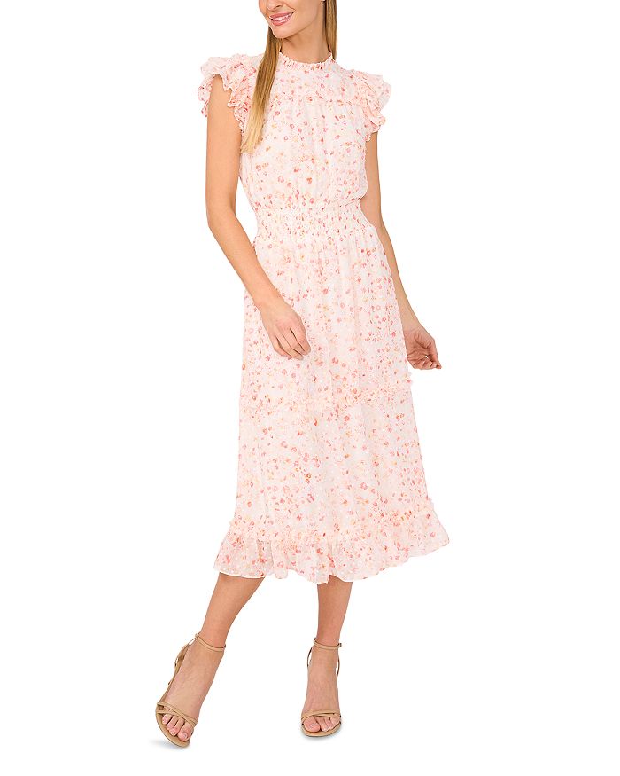 Платье миди с рукавами-крылышками CeCe, белый 
Платье миди с рукавами-крылышками CeCe, белый