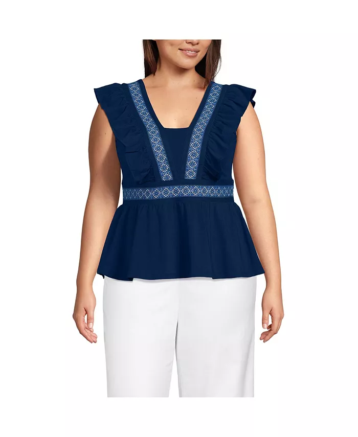 Легкий трикотажный топ с баской и оборками больших размеров Lands' End, синий
Легкий трикотажный топ с баской и оборками больших размеров Lands' End, синий