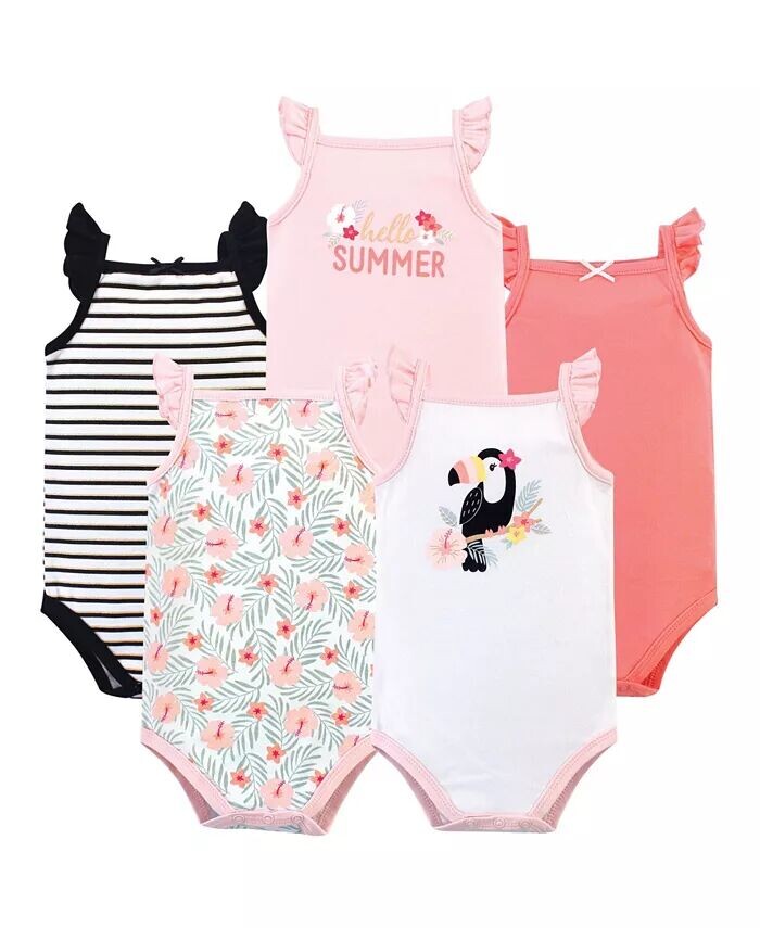 Хлопковые боди без рукавов для маленьких девочек, 5 шт., тропический тукан Hudson Baby, розовый 
Хлопковые боди без рукавов для маленьких девочек, 5 шт., тропический тукан Hudson Baby, розовый