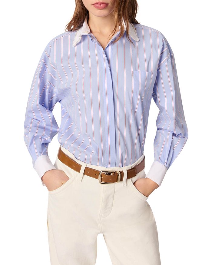 Полосатая рубашка с воротником из бисера Maje, синий
Полосатая рубашка с воротником из бисера Maje, синий