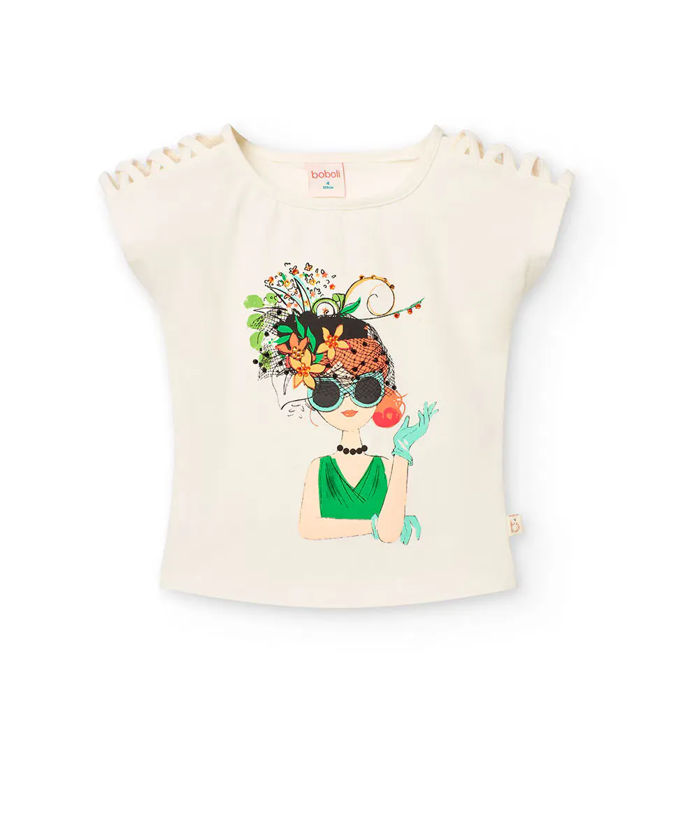 Футболка для девочки с рисунком спереди и ажурной деталью на плечах Boboli, белый
Футболка для девочки с рисунком спереди и ажурной деталью на плечах Boboli, белый
