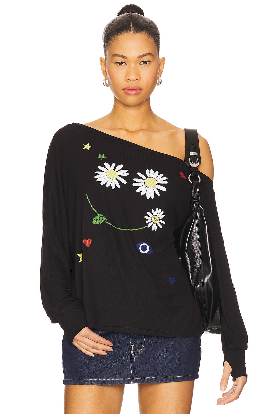 Топ с одним плечом Krista daisy happyface от Lauren Moshi, black 
Топ с одним плечом Krista daisy happyface от Lauren Moshi, black