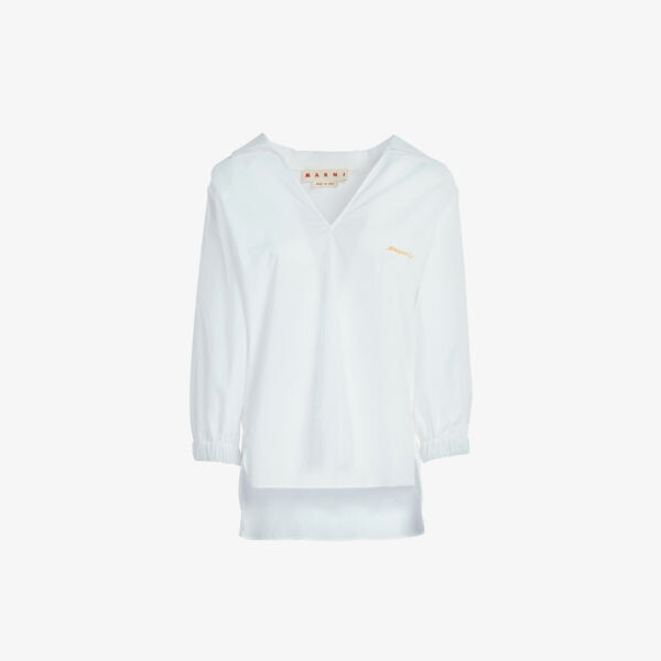 Рубашка из хлопкового поплина с вышитым логотипом и V-образным вырезом Marni, лиловый