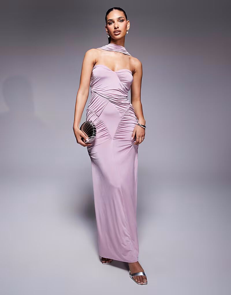 Платье-бандо макси ASOS DESIGN облегающего кроя со сборками и завязкой на шее сиреневого цвета 
Платье-бандо макси ASOS DESIGN облегающего кроя со сборками и завязкой на шее сиреневого цвета