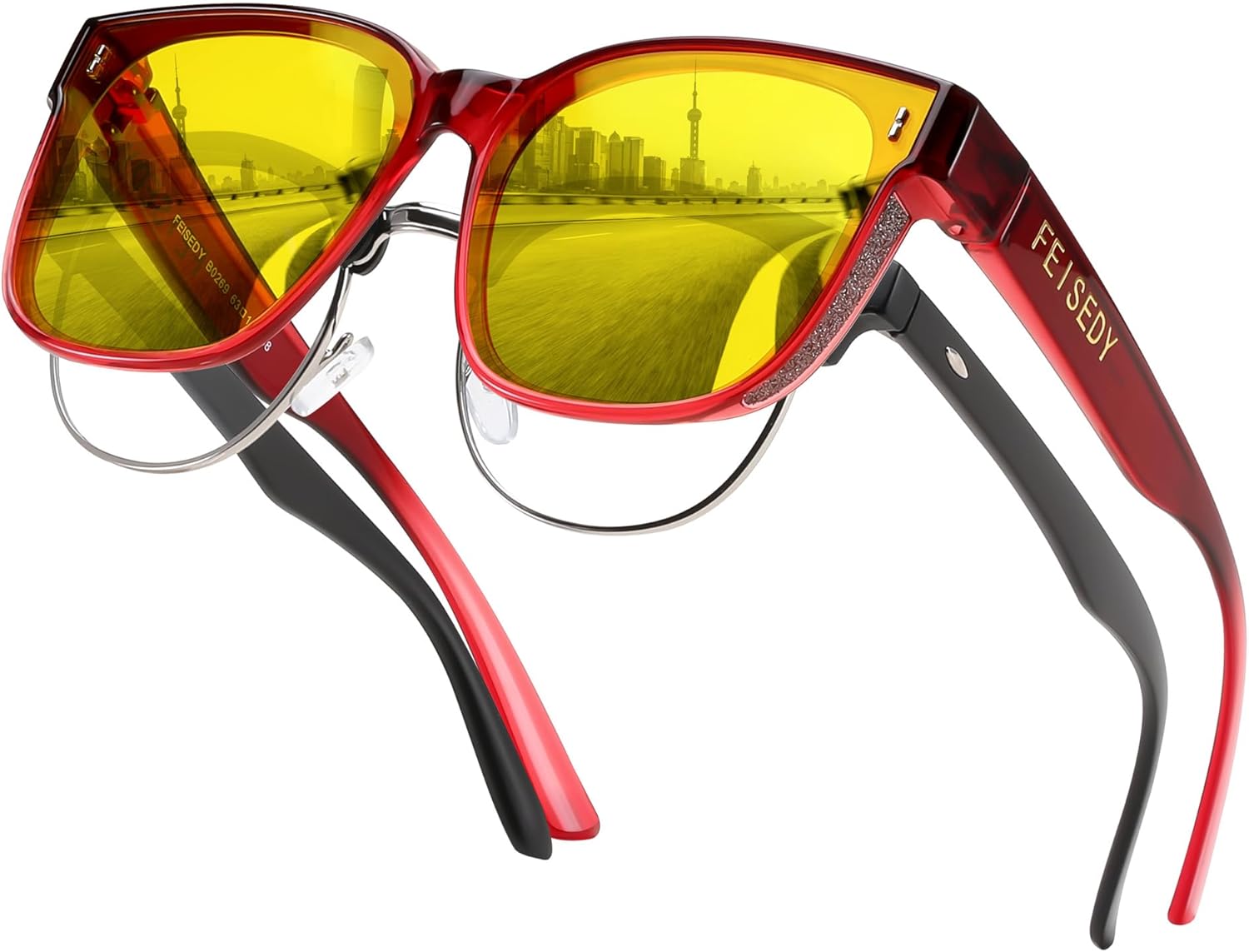 Солнцезащитные очки FEISEDY, надеваемые поверх обычных очков, увеличенного размера, поляризованные, блестящие, для женщин, защита от ультрафиолета UV400, артикул B0269, Yellow Lens - Gradual Wine Red Frame
Солнцезащитные очки FEISEDY, надеваемые поверх обычных очков, увеличенного размера, поляризованные, блестящие, для женщин, защита от ультрафиолета UV400, артикул B0269, Yellow Lens - Gradual Wine Red Frame