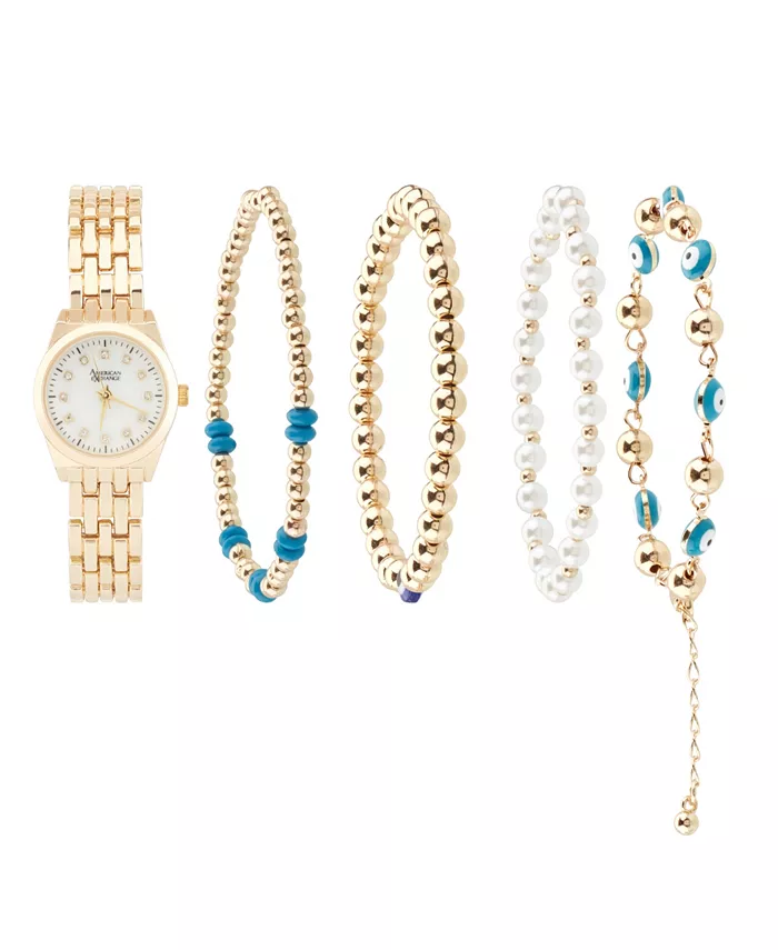 Женские блестящие золотые часы с металлическим аналоговым циферблатом 26 мм и набором браслетов в подарок American Exchange
Женские блестящие золотые часы с металлическим аналоговым циферблатом 26 мм и набором браслетов в подарок American Exchange