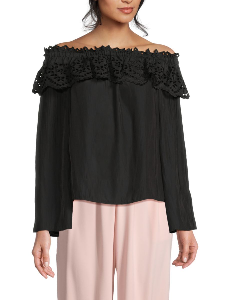 Топ с открытыми плечами и оборками Ramy Brook, черный
Топ с открытыми плечами и оборками Ramy Brook, черный