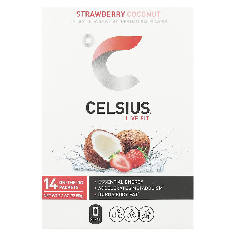 Celsius, Live Fit, клубника и кокос, 14 упаковок, по 5,2 г (0,18 унции)
Celsius, Live Fit, клубника и кокос, 14 упаковок, по 5,2 г (0,18 унции)