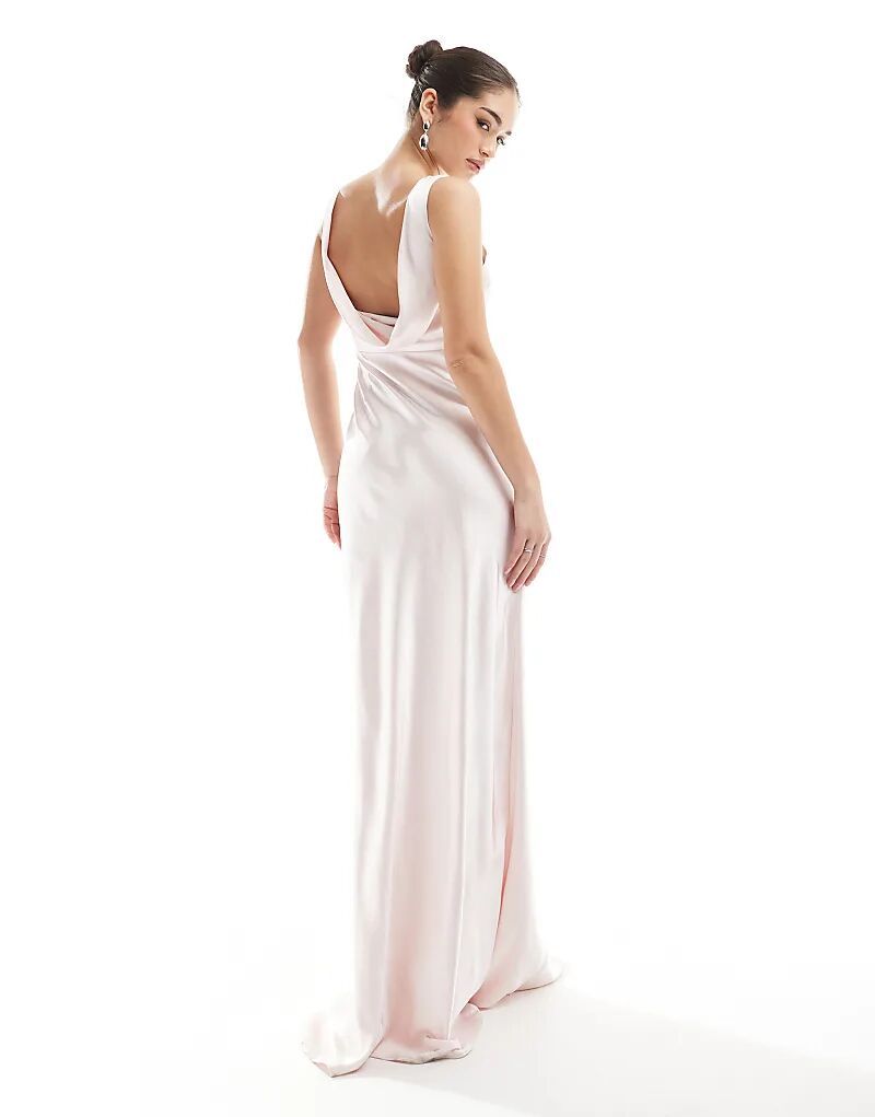 Платье макси из атласа с воротником-хомутом для подружек невесты Six Stories пудрово-розового цвета 
Платье макси из атласа с воротником-хомутом для подружек невесты Six Stories пудрово-розового цвета