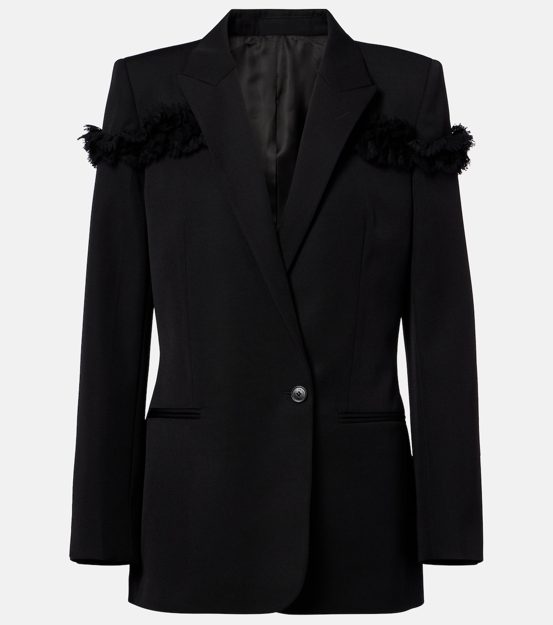 Шерстяной блейзер с кружевной отделкой McQueen, черный
Шерстяной блейзер с кружевной отделкой McQueen, черный