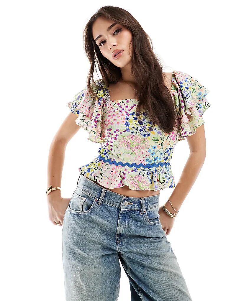 Топ Hope & Ivy с баской и квадратным вырезом, рукавами-оборками, разноцветный 
Топ Hope & Ivy с баской и квадратным вырезом, рукавами-оборками, разноцветный