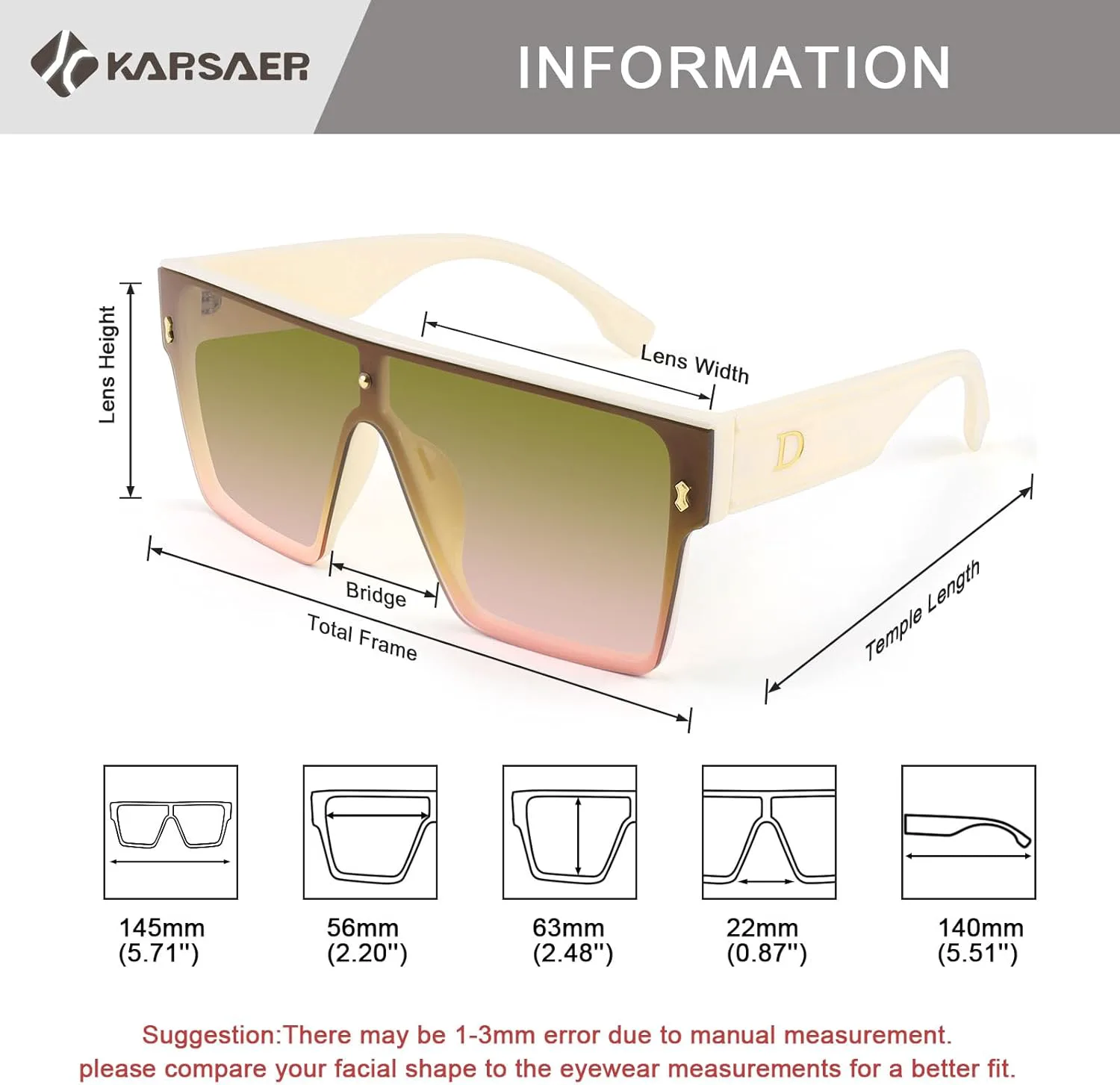 Солнцезащитные очки Karsaer Chic Oversized Square для женщин и мужчин, цельные, с плоской верхней частью, большие, унисекс, K7110, Bright Beige/Brown & Pink Lens
Солнцезащитные очки Karsaer Chic Oversized Square для женщин и мужчин, цельные, с плоской верхней частью, большие, унисекс, K7110, Bright Beige/Brown & Pink Lens