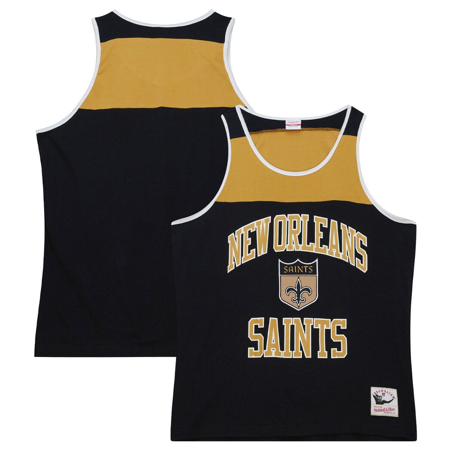 Мужская майка Mitchell & Ness черного/золотого цвета New Orleans Saints Gridiron Classics Heritage с цветными блоками 
Мужская майка Mitchell & Ness черного/золотого цвета New Orleans Saints Gridiron Classics Heritage с цветными блоками