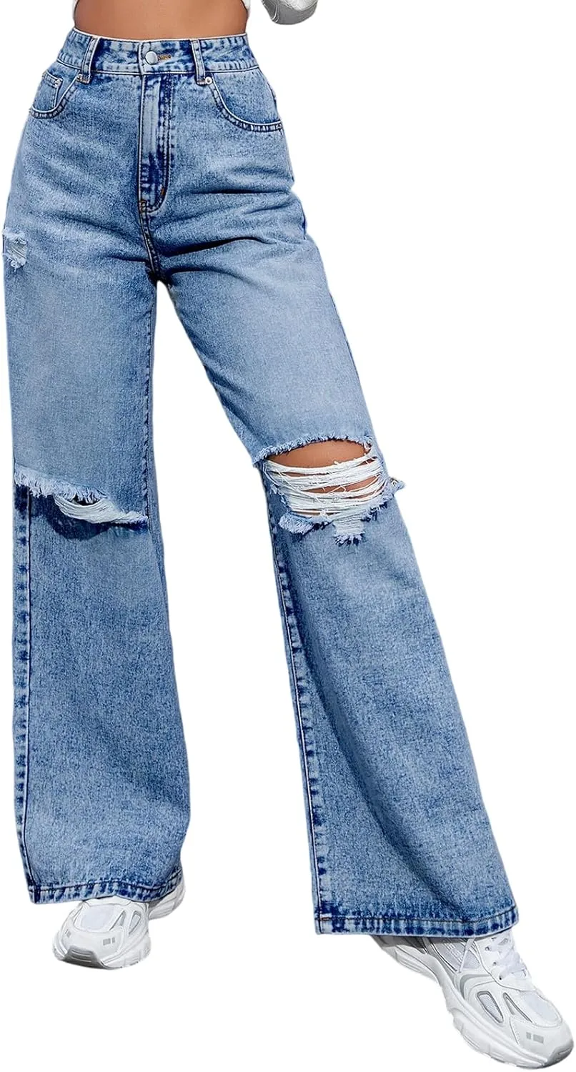 Женские джинсы-клеш с высокой талией и потертостями
Женские джинсы-клеш с высокой талией и потертостями