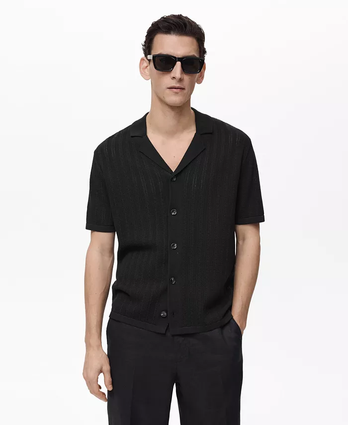 Мужская вязаная рубашка с ажурными деталями MANGO, черный 
Мужская вязаная рубашка с ажурными деталями MANGO, черный