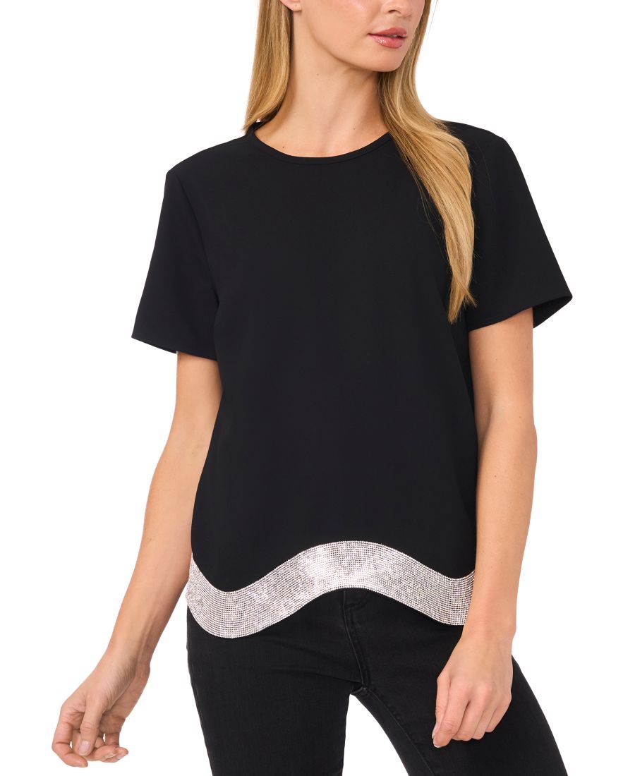 Женская блузка с короткими рукавами и волнистым краем, украшенная стразами CeCe, Rich Black
Женская блузка с короткими рукавами и волнистым краем, украшенная стразами CeCe, Rich Black