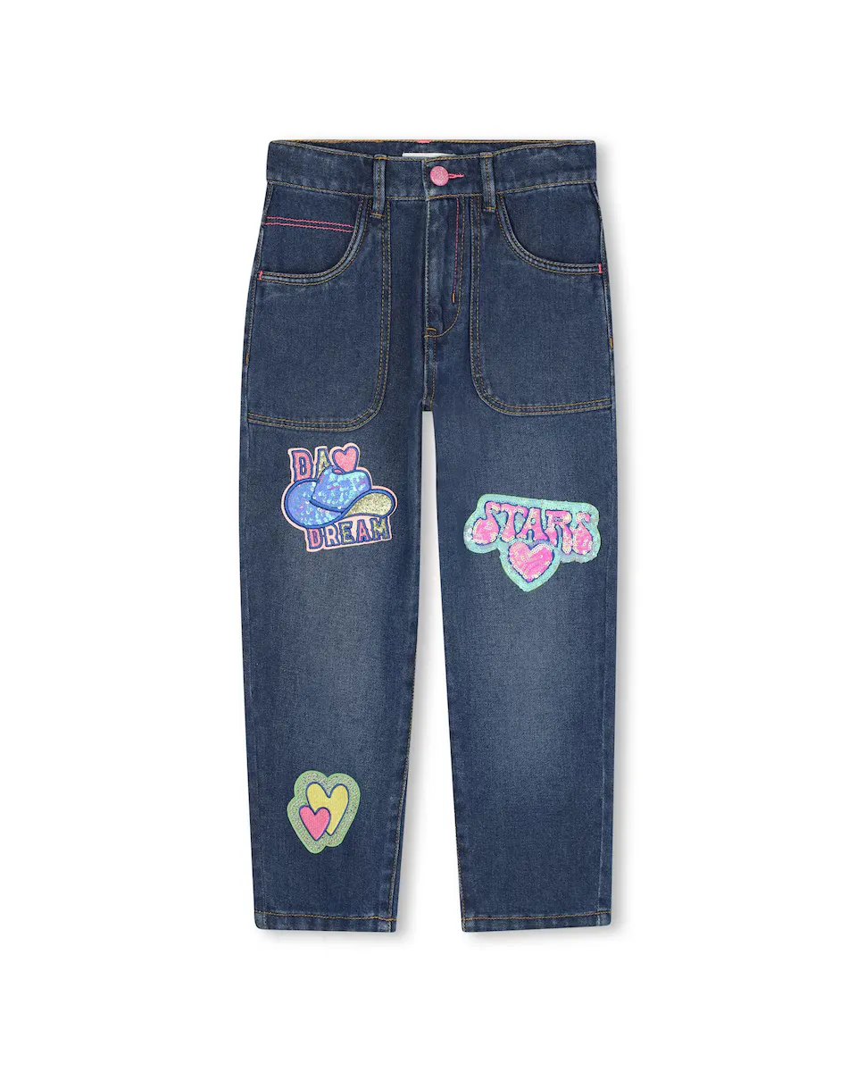 Детские ковбойские джинсы синего цвета из хлопка Billieblush, синий 
Детские ковбойские джинсы синего цвета из хлопка Billieblush, синий