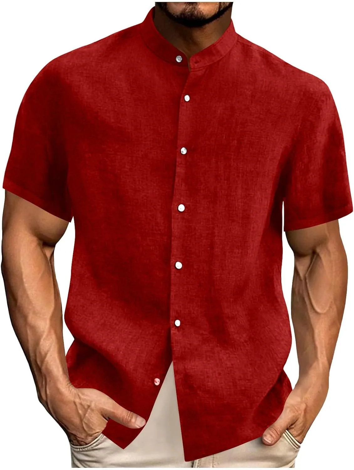 Мужская рубашка с воротником-стойкой из хлопка и льна с коротким рукавом
Мужская рубашка с воротником-стойкой из хлопка и льна с коротким рукавом