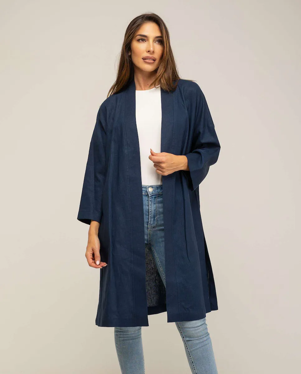Женское пальто в стиле кимоно с японскими рукавами и боковыми разрезами по подолу Fsh, темно-синий