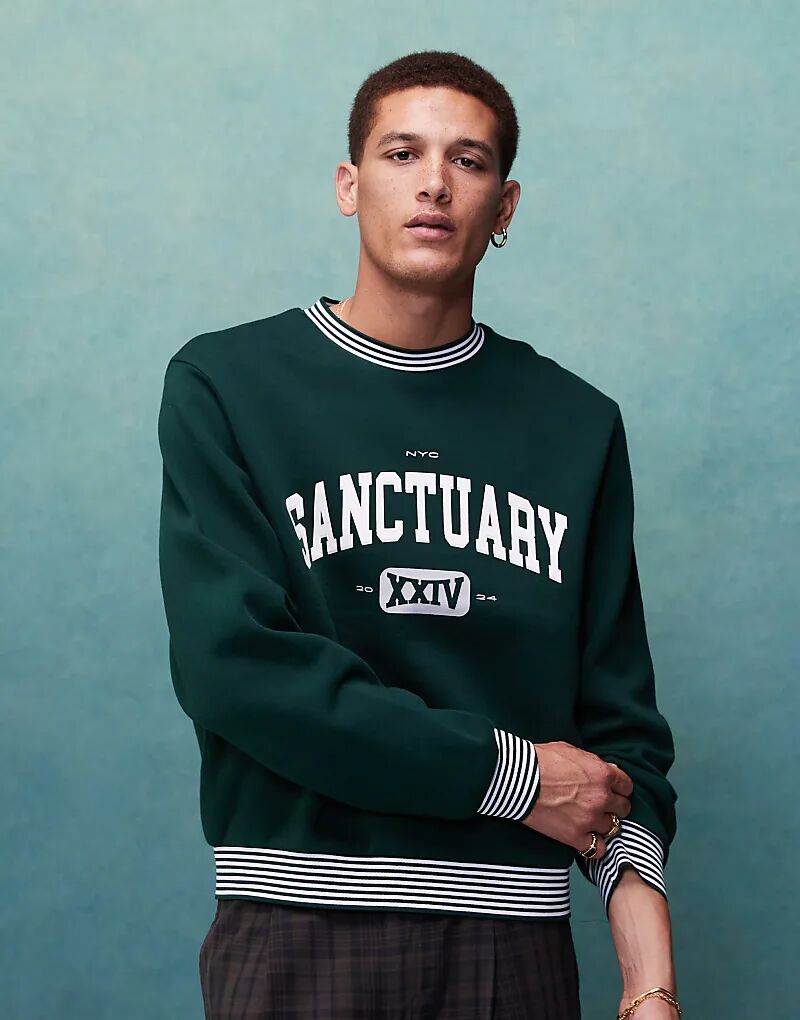 Свободная студенческая толстовка свободного кроя с принтом на груди зеленого цвета ASOS DESIGN