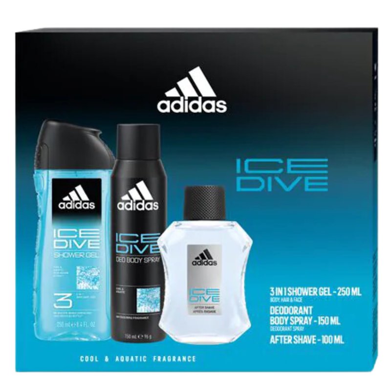 Adidas Ice Dive, мужской набор косметики, 3 шт.
Adidas Ice Dive, мужской набор косметики, 3 шт.