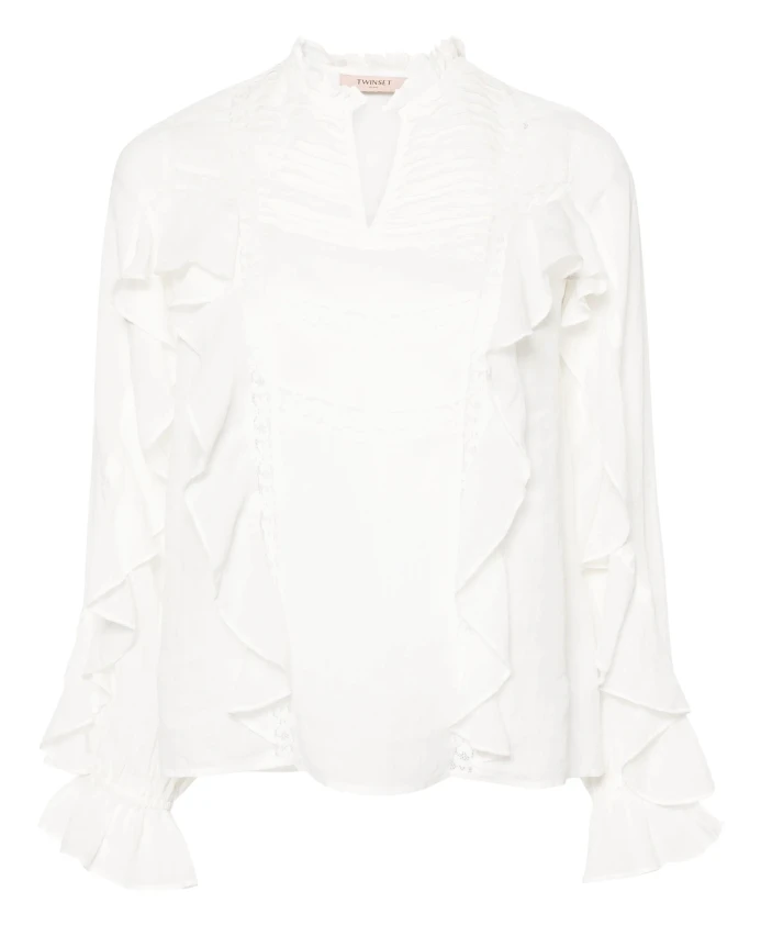 Элегантная синяя кружевная блузка с длинными рукавами Twinset, бежевый 
Элегантная синяя кружевная блузка с длинными рукавами Twinset, бежевый