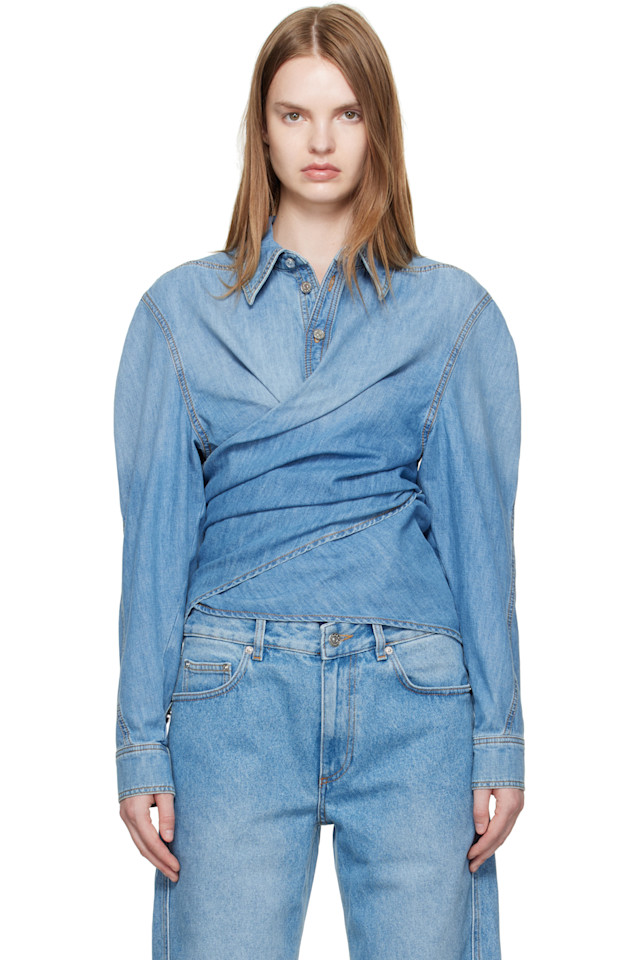 Mugler Синяя рубашка из шамбре с запахом
Mugler Синяя рубашка из шамбре с запахом