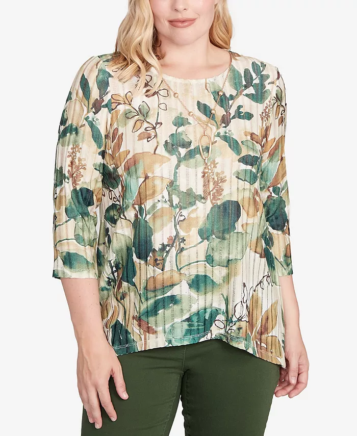 Женский топ Mount Laurel с абстрактным рисунком листьев и акульим краем, с ожерельем Alfred Dunner, зеленый
Женский топ Mount Laurel с абстрактным рисунком листьев и акульим краем, с ожерельем Alfred Dunner, зеленый