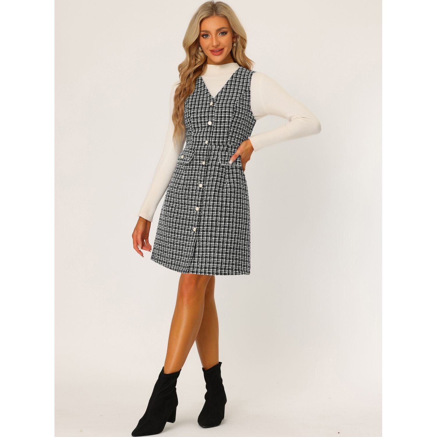 Женское клетчатое твидовое платье с V-образным вырезом, без рукавов, однобортное платье с карманами, черное, МАЛЕНЬКОЕ ALLEGRA K, темно-синий, Черный, Женское клетчатое твидовое платье с V-образным вырезом, без рукавов, однобортное платье с карманами, чер