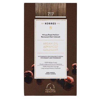 Краска с аргановым маслом, средний блондин, бежевый 7,17, краска для волос без аммиака, 100% покрытие седины и веганство, Korres