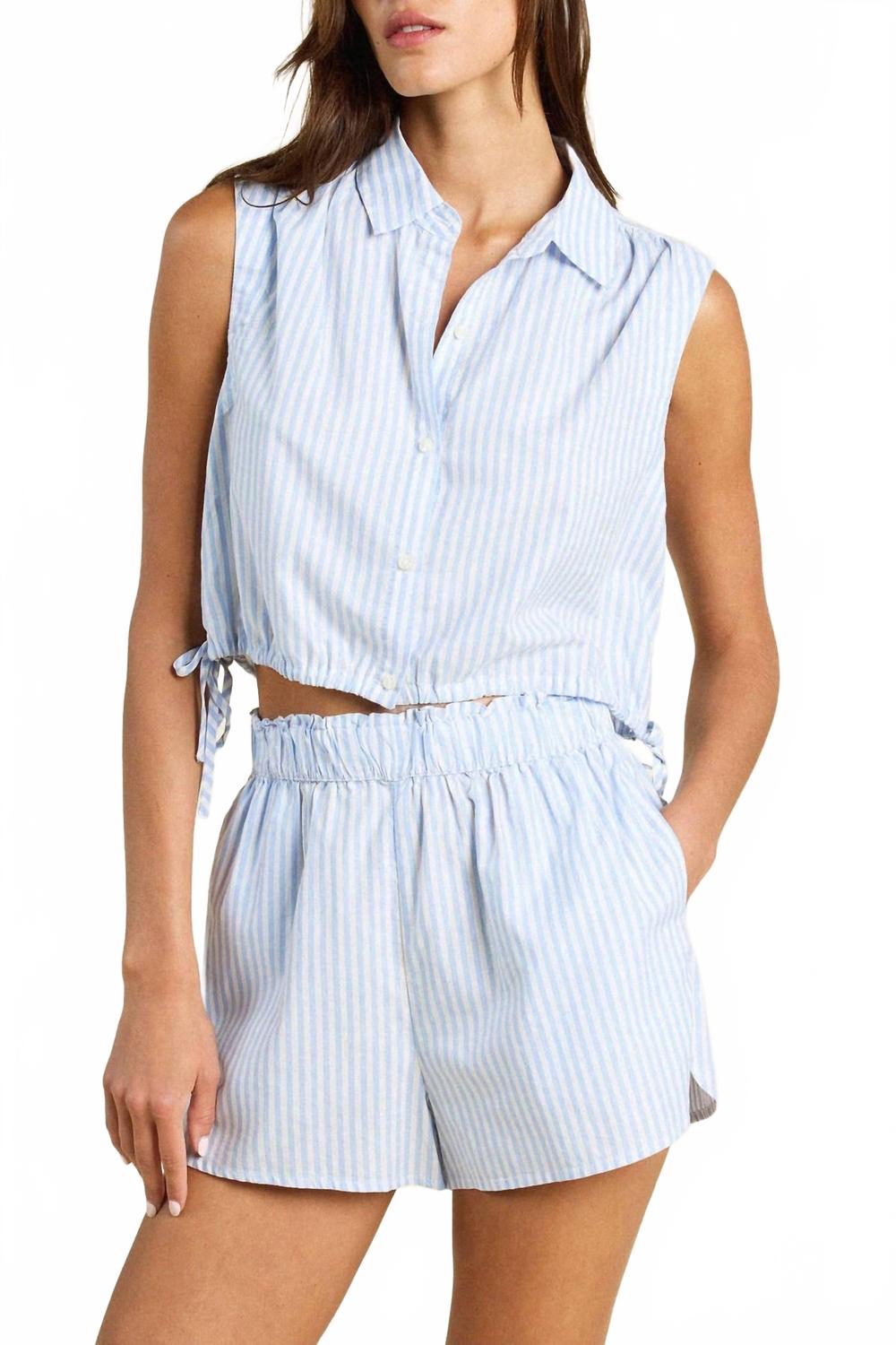 Айви укороченная рубашка с завязками в синюю полоску TROVATA
Айви укороченная рубашка с завязками в синюю полоску TROVATA