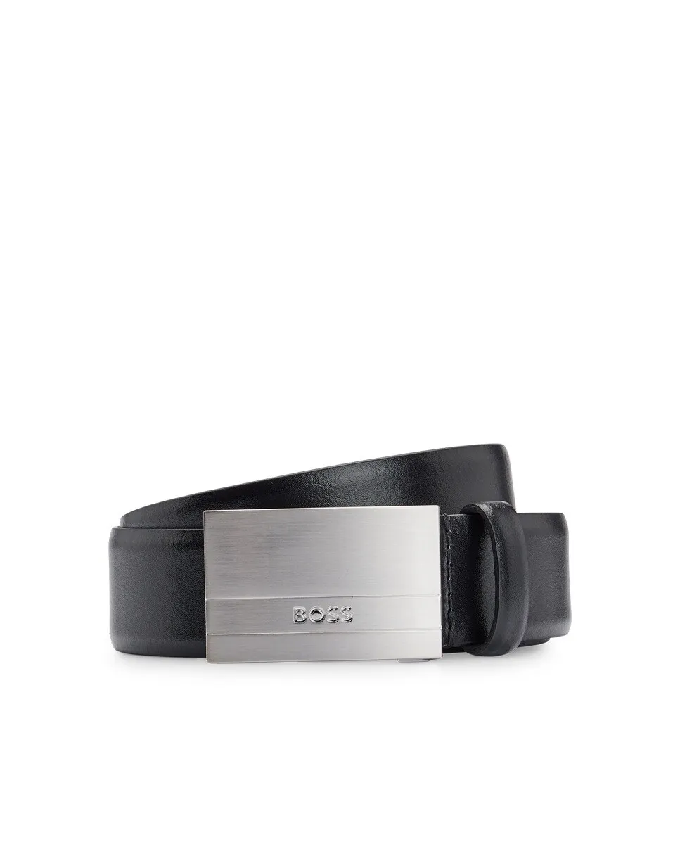 Итальянский кожаный ремень с пряжкой с логотипом Boss, черный
Итальянский кожаный ремень с пряжкой с логотипом Boss, черный