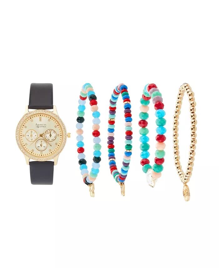 Женские аналоговые часы с черным полиуретановым кожаным ремешком, 38 мм, со штабелируемыми браслетами, подарочный набор American Exchange
Женские аналоговые часы с черным полиуретановым кожаным ремешком, 38 мм, со штабелируемыми браслетами, подарочный набор American Exchange
